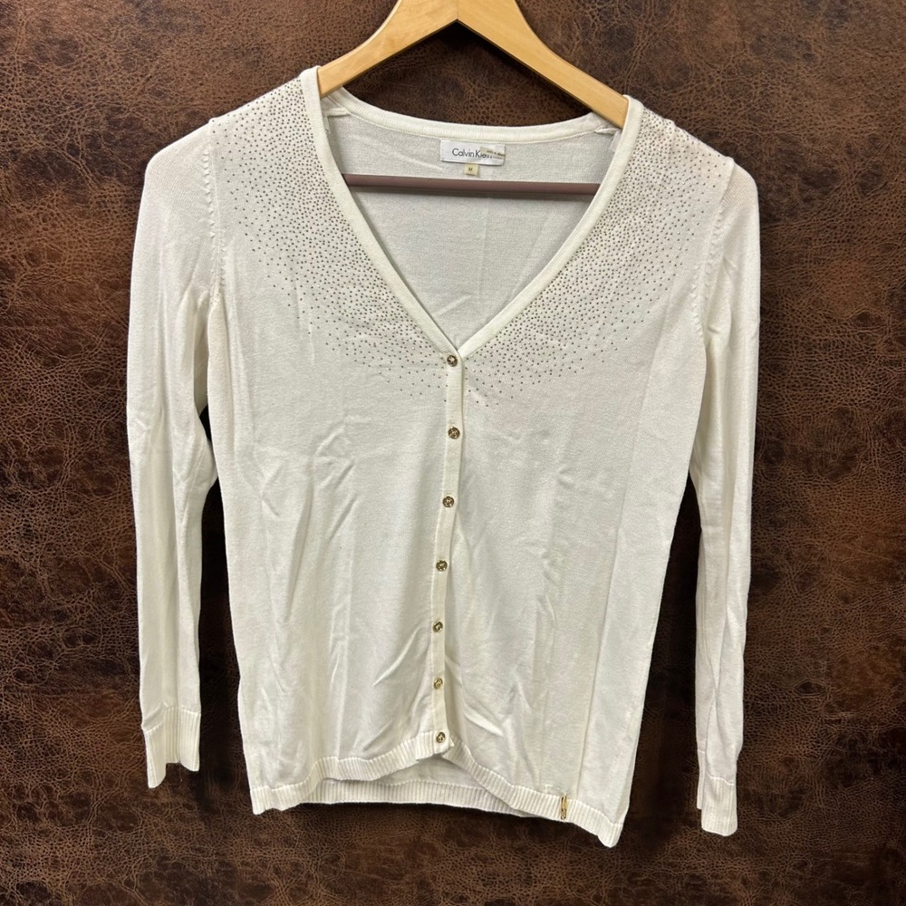 Calvin Klein Women's Medium Cream with Gold Stone Sparkle‎ Button Up Cardigan.